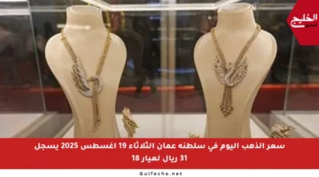 سعر الذهب اليوم في سلطنة عمان الثلاثاء 19 أغسطس 2025 يسجل 31 ريال لعيار 18